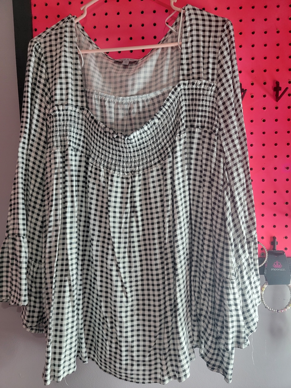 Black and White Gingham Women's Peasant Top